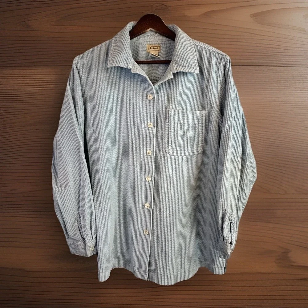 LL Bean Shacket M Light Blue Wide Wale Corduroy Button Up Shirt Jacket Cotton